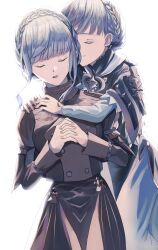Rule 34 | 2girls, absurdres, age difference, blue dress, blue hair, blunt bangs, braid, buttons, capelet, closed eyes, closed mouth, commentary request, crown braid, dress, fingernails, fire emblem, fire emblem: three houses, garreg mach monastery uniform, height difference, highres, hug, long sleeves, marianne von edmund, mo. (ntra5332), multiple girls, nintendo, open mouth, own hands together, short hair, sidelocks, simple background, smile, time paradox, uniform, white background
