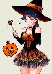 Rule 34 | 1girl, alternate costume, black choker, black hair, bridal gauntlets, choker, cowboy shot, dress, grey background, hand on own face, hat, high ponytail, houshou (kancolle), jack-o&#039;-lantern, kantai collection, multicolored clothes, multicolored dress, perepere-kun, ponytail, simple background, solo, wand, witch hat