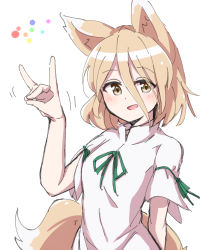 Rule 34 | 1girl, :d, animal ears, blush, breasts, brown eyes, commentary request, fox ears, fox shadow puppet, fox tail, hair between eyes, hand up, jumpsuit, kudamaki tsukasa, light brown hair, looking at viewer, medium breasts, mizukena (pokesun), motion lines, open mouth, romper, short hair, short sleeves, simple background, sketch, smile, solo, tail, touhou, upper body, white background, white jumpsuit