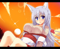 Rule 34 | 1girl, :o, animal ears, blue eyes, blue hair, blush, breasts, cloud, dutch angle, full moon, hair between eyes, hair ornament, hairclip, japanese clothes, kimono, large breasts, lens flare, letterboxed, long hair, looking at viewer, matching hair/eyes, miniskirt, moon, obi, off shoulder, open clothes, open mouth, original, outdoors, plaid, plaid skirt, ribbed sweater, sash, shirasu youichi, shirt, short kimono, side slit, silver hair, sitting, skirt, sky, solo, sparkle, star (sky), sunset, sweater, tail, tatese tamiko, taut clothes, taut shirt, tree, very long hair