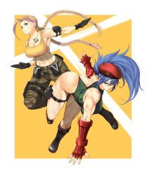 Rule 34 | 2girls, abs, anagumasan, ass, bare arms, beret, biceps, blonde hair, blue eyes, blue hair, blush, braid, breasts, cammy white, cammy white (cosplay), camouflage, capcom, commentary, cosplay, costume switch, crop top, crossover, english commentary, fingerless gloves, full body, gloves, green leotard, hat, highleg, highleg leotard, highres, huge ass, jumping, large breasts, leona heidern, leona heidern (cosplay), leotard, long hair, midriff, multiple girls, muscular, muscular female, navel, ponytail, pouch, skin tight, snk, street fighter, the king of fighters, thong leotard, twin braids