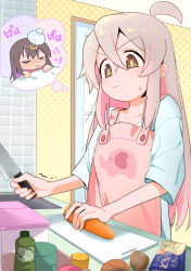 Rule 34 | 2girls, absurdres, ahoge, apron, brown eyes, carrot, collarbone, commentary, cooking, cutting board, gem, genderswap, hair between eyes, highres, holding, holding knife, ice pack, indoors, kitchen, knife, long hair, multiple girls, onii-chan wa oshimai!, onion, oversized clothes, oversized shirt, oyama mahiro, oyama mihari, pink apron, pink hair, ponshu (ponshuislife), potato, shirt, sick, solo focus, sweatdrop, t-shirt, thought bubble, white shirt