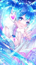 Rule 34 | 1girl, absurdres, blue eyes, blue hair, blue nails, breasts, cleavage, cleavage cutout, clothing cutout, dress, hatsune miku, headphones, highres, long hair, medium breasts, nogikawa, sleeves past wrists, smile, solo, twintails, very long hair, vocaloid, white dress