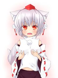 Rule 34 | 1girl, animal ear fluff, animal ears, bare shoulders, blush, breast hold, breasts, chinoru, fang, hat, highres, inubashiri momiji, large breasts, looking at viewer, midriff, navel, pom pom (clothes), red eyes, short hair, silver hair, simple background, solo, tail, tears, tokin hat, touhou, white background, wolf ears, wolf tail