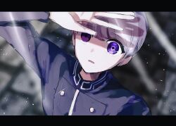Rule 34 | 1boy, arm up, blue jacket, commentary, hand over eye, highres, jacket, letterboxed, light particles, long sleeves, looking at viewer, looking up, male focus, master detective archives: rain code, neochi (totemoonemunano), open mouth, purple eyes, purple hair, short hair, solo, sunlight, symbol-only commentary, symbol in eye, upper body, yuma kokohead