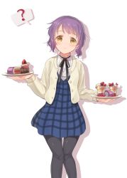Rule 34 | 10s, 1girl, ?, absurdres, black pantyhose, blush, cake, closed mouth, cupcake, dessert, food, highres, holding, holding plate, idolmaster, idolmaster million live!, kamille (vcx68), looking at viewer, makabe mizuki, pantyhose, plate, purple hair, short hair, solo, speech bubble, spoken question mark, yellow eyes
