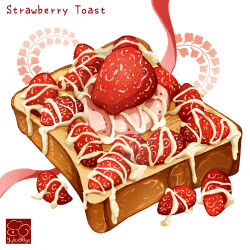 artist_logo artist_name bread bread_slice english_text floral_background food food_focus fruit highres no_humans original strawberry sweets syrup toast white_background yuki00yo