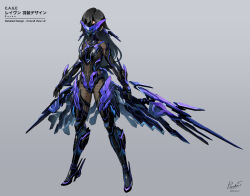 Rule 34 | 1girl, armored bodysuit, arms at sides, black hair, bodysuit, breasts, commentary request, full body, grey background, high heels, highres, long hair, low wings, mask, mecha musume, mechanical wings, medium breasts, original, pinakes, science fiction, signature, solo, standing, wings