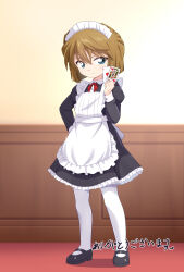 Rule 34 | 1girl, apron, black dress, black footwear, blue eyes, brown hair, card, commission, dress, full body, haibara ai, hand on own hip, highres, indoors, looking at viewer, maid, maid headdress, meitantei conan, mogura2009, pantyhose, playing card, shoes, short hair, skeb commission, solo, standing, white apron, white pantyhose