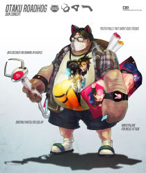 Rule 34 | 1boy, absurdres, animal ears, ass, backpack, badge, bag, belly, belt pouch, black hair, black shorts, blowing bubbles, button badge, camera, cat ears, character name, character print, checkered clothes, checkered skirt, chewing gum, commentary, crane game, d.va (overwatch), dakimakura (medium), dakimakura (object), english text, facial mark, fake animal ears, glasses, gradient background, grey background, headband, highres, holding, holding clothes, holding panties, holding underwear, logo, male focus, mask, merchandise, monori rogue, mouth mask, navel, otaku, overwatch, overwatch 1, panties, pillow, poster (object), pouch, roadhog (overwatch), sandals, shadow, shirt, short hair, shorts, simple background, skirt, solo, striped clothes, striped panties, surgical mask, t-shirt, tracer (overwatch), typo, underwear, watch, whisker markings, white background, white legwear, wristwatch
