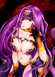 Rule 34 | 1girl, breasts, cleavage, fate/grand order, fate (series), gorgon (fate), highres, kneeling, large breasts, lips, long hair, medusa (fate), midriff, monster girl, navel, purple eyes, purple hair, revealing clothes, rider, scales, solo, thighs