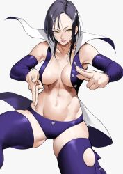 Rule 34 | 1girl, absurdres, bad id, bad twitter id, black hair, blue sleeves, blue thighhighs, breasts, detached sleeves, grey background, highres, large breasts, lips, merlin (nanatsu no taizai), nanatsu no taizai, navel, simple background, smile, solo, stomach, thighhighs, yellow eyes, yoshio (55level)