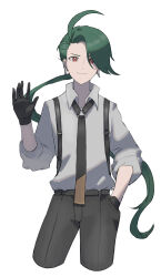 Rule 34 | 1girl, absurdres, ahoge, black gloves, black necktie, black pants, bright pupils, closed mouth, collared shirt, commentary request, cowboy shot, creatures (company), earrings, game freak, gloves, green hair, hand in pocket, hand up, highres, jewelry, long hair, looking at viewer, necktie, neumo, nintendo, orange eyes, pants, pokemon, pokemon sv, ponytail, rika (pokemon), shirt, simple background, smile, solo, suspenders, white background, white pupils
