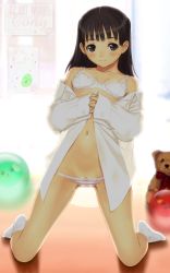 Rule 34 | 1girl, ball, black eyes, black hair, bow, bow bra, bow panties, bra, braid, cleft of venus, collarbone, dress shirt, flat chest, highres, kneeling, lace, lace bra, light smile, lingerie, long hair, long sleeves, looking at viewer, navel, off shoulder, own hands together, panties, pussy, pussy peek, shadow, shirt, sleeves past wrists, socks, solo, source request, striped clothes, striped panties, stuffed animal, stuffed toy, teddy bear, tony taka, uncensored, underwear, undressing, white bra