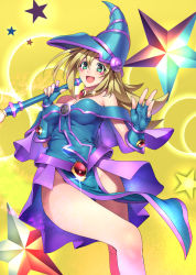 Rule 34 | 1girl, bare shoulders, blonde hair, blush stickers, choker, dark magician girl, duel monster, fingerless gloves, gauntlets, gloves, green eyes, headgear, highres, looking at viewer, no panties, open mouth, pentagram, solo, staff, thighs, ts422, yu-gi-oh!