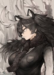 Rule 34 | 1girl, adeshi (adeshi0693119), animal ear fluff, animal ears, arms at sides, black hair, breast pocket, breasts, closed mouth, covered erect nipples, day, extra ears, fog, from side, fur scarf, grey eyes, grey hair, highres, kemono friends, large breasts, long hair, long sleeves, looking afar, monochrome, moose (kemono friends), moose ears, multicolored hair, outdoors, parted bangs, pocket, profile, scarf, serious, snow, solo, sweater, taut clothes, taut sweater, upper body, very long hair