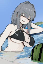 Rule 34 | 1girl, absurdres, arm behind back, bikini, black bikini, breasts, closed eyes, commentary, english commentary, eyebrows hidden by hair, food, fruit, grey hair, highres, long hair, o-ring, o-ring bikini, ofelia (gogalking), open mouth, original, partially submerged, saiga12k, smile, solo, swimsuit, water, watermelon