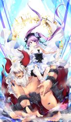 Rule 34 | 1boy, 1girl, armor, asterios (fate), bare shoulders, barefoot, beard, blush, breasts, chain, choker, dress, euryale (fate), facial hair, fate/grand order, fate/hollow ataraxia, fate (series), hair ornament, hairband, highres, horns, jewelry, long hair, necklace, open mouth, purple eyes, purple hair, red eyes, scar, silver hair, smile, twintails