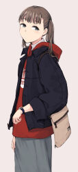 Rule 34 | 1girl, blush, brown hair, clothes writing, coat, from side, hand on own thigh, highres, hood, hoodie, looking to the side, open clothes, open coat, original, red hoodie, ryuunosuke (luckyneco), solo, turtleneck, twintails, watch, wristwatch