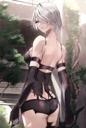 Rule 34 | 1girl, absurdres, android, ass, bare shoulders, black gloves, blue eyes, breasts, elbow gloves, gloves, highres, joints, looking at viewer, medium breasts, mole, mole under mouth, nier (series), nier:automata, risumi (taka-fallcherryblossom), robot joints, short hair, shorts, simple background, solo, thighhighs, white hair, a2 (nier:automata)
