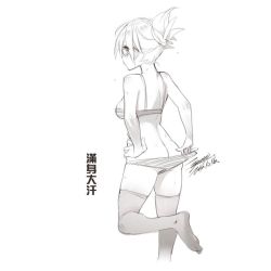 Rule 34 | 1girl, ass, bra, breasts, chinese text, closed mouth, ejami, greyscale, league of legends, looking at viewer, monochrome, panties, riven (league of legends), short hair, simple background, solo, thighhighs, translation request, underwear, white background