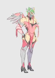 Rule 34 | artist request, bad id, bad twitter id, boots, commentary, cosplay, dress, elbow gloves, fingerless gloves, genji (overwatch), gloves, green hair, grey background, high heel boots, high heels, highleg, looking down, male focus, mask, mechanical wings, mercy (overwatch), mercy (overwatch) (cosplay), overwatch, overwatch 1, pink dress, pink mercy, pulling, scar, simple background, strap slip, thighhighs, wings