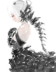Rule 34 | 1girl, armor, backless dress, backless outfit, bare shoulders, black dress, bone, dress, elbow gloves, from side, gloves, hands on own chest, looking down, nina, original, pale skin, pixiv, profile, red eyes, short hair, simple background, skeleton, solo, spine, strapless, strapless dress, white background, white hair, yamashita tomu