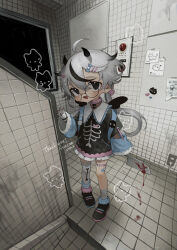 Rule 34 | 1girl, ahoge, angel wings, artist name, asymmetrical legwear, backpack, bag, bandaged leg, bandages, bandaid, bandaid on leg, black eyes, black footwear, black shirt, black wings, blood, bloody knife, blue bow, blue sleeves, bow, collar, collared shirt, commission, demon horns, fang, fingerless gloves, full body, ghost ornament, glasses, gloves, hair between eyes, hair bow, hair ornament, hand up, highres, holding, holding knife, horns, indoors, ishida umi, knife, light blush, long bangs, long hair, long sleeves, looking at viewer, low twintails, mini wings, multicolored hair, open mouth, original, pink collar, print shirt, round eyewear, shirt, shoes, single thighhigh, skeb commission, skeleton print, skin fang, skull ornament, smile, solo, spiked collar, spikes, standing, streaked hair, striped clothes, striped gloves, thigh strap, thighhighs, tile floor, tile wall, tiles, twintails, uneven legwear, watermark, white gloves, white hair, white thighhighs, wings