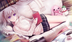 Rule 34 | 1girl, aran sweater, book, cable knit, couch, dutch angle, flat chest, g-senjou no maou, highres, long hair, long legs, looking at viewer, open book, purple eyes, reading, reclining, shiratori mizuha, skirt, smile, solo, stuffed animal, stuffed rabbit, stuffed toy, sunimu, sweater, turtleneck, twintails, white hair