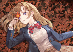 Rule 34 | 1girl, arm up, autumn leaves, blonde hair, blue eyes, bow, bowtie, breasts, byulrorqual, collared shirt, dress shirt, highres, holding, large breasts, leaf, long hair, looking at object, looking away, lying, maple leaf, on back, original, parted lips, pleated skirt, red bow, red bowtie, school uniform, shirt, skirt, solo, striped bow, striped bowtie, striped clothes, striped neckwear, twitter username, white shirt