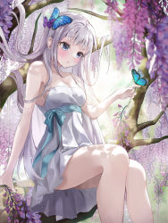 Rule 34 | 1girl, blue bow, blue butterfly, blue eyes, blurry, blurry foreground, blush, bow, branch, bug, butterfly, butterfly hair ornament, butterfly on hand, closed mouth, collarbone, commentary, dress, expressionless, feet out of frame, field, flower, flower field, gluteal fold, grey hair, hair ornament, hare (hare 1730), highres, insect, long hair, looking down, off shoulder, original, purple flower, sidelocks, sitting, sleeveless, sleeveless dress, sundress, sunlight, symbol-only commentary, tree, white dress, white hair