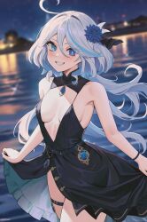 Rule 34 | 1girl, absurdres, alternate costume, bare shoulders, black dress, black ribbon, black wristband, blue eyes, blue gemstone, blue hair, blurry, blurry background, breasts, breasts apart, commentary, dress, drop-shaped pupils, earrings, flower, furina (genshin impact), gem, genshin impact, grin, hair between eyes, hair flower, hair ornament, hair ribbon, heterochromia, highres, jewelry, long hair, looking at viewer, medium breasts, mismatched pupils, multicolored hair, necklace, night, night sky, nvl, outdoors, ribbon, skirt hold, sky, sleeveless, sleeveless dress, smile, solo, stud earrings, symbol-shaped pupils, thigh strap, twitter username, vision (genshin impact), white hair