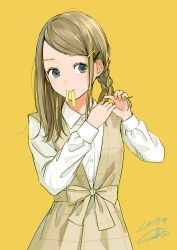 Rule 34 | 1girl, absurdres, blouse, blue eyes, bow, braid, braiding hair, brown bow, brown dress, brown hair, collared shirt, commentary request, dated, dress, hair ornament, hairclip, hairdressing, highres, long hair, long sleeves, looking at viewer, mouth hold, original, sako (35s 00), shirt, signature, simple background, smile, solo, swept bangs, tareme, white shirt, wing collar, yellow background