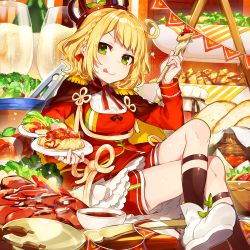 Rule 34 | 1girl, :p, black socks, blonde hair, blush, boots, bowl, braid, bread, breasts, brown cape, cape, closed mouth, crossed legs, crown, cup, dress, drinking glass, food, food request, fork, green eyes, hair ribbon, holding, holding fork, medium breasts, mika pikazo, mini crown, mini person, minigirl, multicolored cape, multicolored clothes, official art, original, pasta, pennant, plate, red dress, red ribbon, ribbon, salad, sitting, smile, socks, solo, spaghetti, string of flags, tongue, tongue out, v-shaped eyebrows, white footwear, wine glass, yellow cape