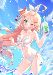 Rule 34 | 1girl, :o, bangs pinned back, bare arms, bare shoulders, bikini, blonde hair, blush, bow, breasts, caron (straycat910), cloud, collarbone, commentary request, cowboy shot, crazy straw, cup, day, disposable cup, drinking straw, flower, frilled bikini, frills, green eyes, hair bow, hair flower, hair ornament, hairclip, halterneck, halterneck, hands up, heart, heart straw, highres, holding, holding cup, long hair, looking at viewer, medium breasts, navel, one eye closed, original, outdoors, red flower, side-tie bikini bottom, sky, solo, stomach, string bikini, swimsuit, very long hair, wading, water, white bikini, white bow, x hair ornament