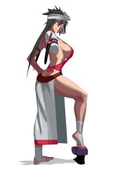 Rule 34 | 1girl, amputee, ankle wrap, ass, backless outfit, bandages, barefoot, black hair, bleach, breasts, butt crack, full body, grey eyes, hand on own hip, headband, large breasts, legs, long hair, long skirt, morganagod, no bra, shiba kuukaku, short sword, side slit, sideboob, simple background, skirt, solo, sword, weapon, white background