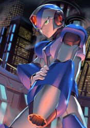 Rule 34 | 1boy, android, arm cannon, arm mounted weapon, armor, blue armor, building, cannon, city, cityscape, closed mouth, fujino yuuki, green eyes, helmet, highres, looking to the side, male focus, mega man (series), mega man x (series), night, outdoors, robot, serious, skyscraper, solo, standing, weapon, x (mega man)