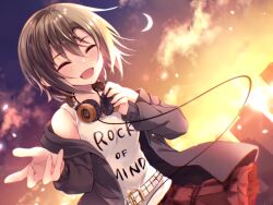 1girl belt blush breasts brown_hair closed_eyes crescent happy headphones idolmaster idolmaster_cinderella_girls jewelry looking_at_viewer moon necklace open_mouth rocomani short_hair skirt sky small_breasts solo tada_riina