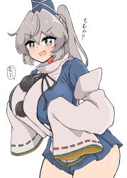 Rule 34 | 1girl, absurdres, blue dress, blue hat, blush, breast lift, breasts, bright pupils, detached sleeves, dress, grey eyes, grey hair, gurajio, hair between eyes, hat, highres, japanese clothes, kariginu, large breasts, long hair, mononobe no futo, open mouth, pom pom (clothes), ponytail, ribbon-trimmed sleeves, ribbon trim, short dress, sleeves past fingers, sleeves past wrists, solo, tate eboshi, touhou, white background, white pupils, white sleeves, wide sleeves