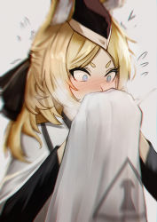 Rule 34 | @ @, animal ear fluff, animal ears, arknights, black headwear, blonde hair, blue eyes, blush, garrison cap, hat, heart, highres, holding, holding towel, horse ears, krirk, long hair, long sleeves, motion blur, nose blush, parted bangs, simple background, smelling, towel, upper body, v-shaped eyebrows, whislash (arknights), white background, wide-eyed