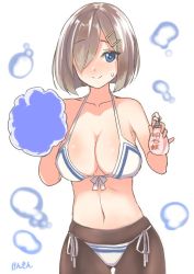 Rule 34 | 10s, 1girl, artist name, bikini, black pantyhose, blue eyes, breasts, cleavage, front-tie top, hair ornament, hair over one eye, hairclip, hamakaze (kancolle), kantai collection, large breasts, midriff, panties, panties over pantyhose, pantyhose, pantyhose under swimsuit, sensen, short hair, side-tie bikini bottom, side-tie panties, silver hair, smile, solo, stomach, sweatdrop, swimsuit, underwear, underwear only
