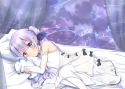 Rule 34 | 1girl, ahoge, azur lane, bed sheet, blush, bow, bridal gauntlets, character name, curtains, dress, hair ornament, holding, holding stuffed toy, long hair, looking at viewer, lying, mikoillust, hugging object, on bed, on side, one side up, pillow, purple eyes, purple hair, see-through, shooting star, signature, sleeveless, sleeveless dress, solo, star (sky), stuffed animal, stuffed toy, stuffed unicorn, stuffed winged unicorn, thighhighs, unicorn (azur lane), white dress, white thighhighs