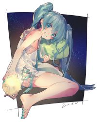 Rule 34 | 1girl, bad id, bad twitter id, blue eyes, blue hair, blue nails, dated, dress, eyes visible through hair, fingernails, from side, full body, hatsune miku, head tilt, highres, holding, holding pillow, long hair, looking at viewer, looking to the side, nail polish, outside border, pillow, samei ikusa, smile, solo, spring onion, toenail polish, toenails, twintails, very long hair, vocaloid, white dress