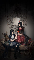 Rule 34 | 2girls, alice: madness returns, alice (alice in wonderland), american mcgee&#039;s alice, american mcgee's alice, black hair, blunt bangs, boots, cheshire cat (alice in wonderland), crown, green eyes, hat, highres, holding, holding knife, knife, long hair, long sleeves, looking at viewer, mini crown, multiple girls, nyarko, parted bangs, pocket watch, puffy long sleeves, puffy short sleeves, puffy sleeves, queen of hearts (alice in wonderland), scepter, short hair, short sleeves, sitting, top hat, watch, white rabbit (alice in wonderland), yellow eyes