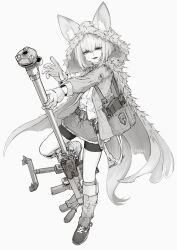 Rule 34 | 1girl, alma01, animal ears, anti-materiel rifle, bag, bandage on face, bandages, cloak, fox ears, fox girl, fox tail, gloves, greyscale, gun, highres, hood, jacket, looking at viewer, magazine (weapon), medium hair, monochrome, original, rifle, satchel, shoes, shorts, skirt, sneakers, sniper rifle, socks, solo, tail, weapon, white background