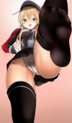 Rule 34 | 1girl, blonde hair, blue eyes, blush, eyes visible through hair, feet, female focus, foot focus, from below, hand on own hip, highres, kantai collection, leg up, long hair, looking at viewer, low twintails, open mouth, panties, pantyshot, pov, prinz eugen (kancolle), soles, solo, twintails, underwear, upskirt