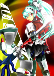 Rule 34 | 1girl, absurdres, android, aqua hair, atlus, axe, battle axe, blue hair, headphones, highres, joints, labrys (persona), long hair, pantyhose, persona, persona 4, persona 4: the ultimate in mayonaka arena, pleated skirt, ponytail, red eyes, rivolberdragon, robot joints, school uniform, skirt, solo, very long hair, weapon