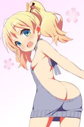Rule 34 | 10s, 1girl, 9law, alice cartelet, ass, backless outfit, bare back, blonde hair, blue eyes, breasts, gradient background, grey sweater, hair ornament, hair stick, kin-iro mosaic, looking at viewer, meme attire, open mouth, short hair, sideboob, small breasts, solo, sweater, turtleneck, turtleneck sweater, twintails, virgin killer sweater