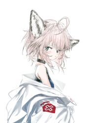 Rule 34 | 1girl, absurdres, ahoge, animal ears, arknights, bare shoulders, black choker, blue eyes, blue shirt, choker, closed mouth, coat, coat partially removed, commentary, cross, fox ears, fox girl, from side, highres, light blush, looking at viewer, looking to the side, messy hair, pink hair, profile, red cross, shirt, short hair, simple background, spaghetti strap, sussurro (arknights), white background, white coat, yamori no o