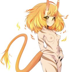 Rule 34 | 1girl, absurdres, breasts, brown eyes, claws, closed mouth, completely nude, highres, horns, looking at viewer, navel, nipples, nude, oni, oni horns, orange hair, original, short hair, simple background, slit pupils, slugbox, small breasts, smile, tail, thick eyebrows, white background